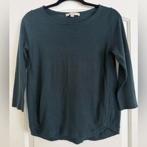 LOFT Teal Knit Sweater XS 3/4 Sleeve Lightweight Wool Blend